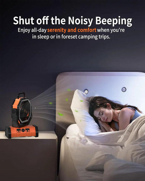 Must Have Camping Fan With 20000mAh Battery Pack Cordless Portable Outdoor Tent Fan on bedside table next to sleeping woman