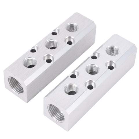 Pair of Three Way Five Port Aluminum Air Manifolds with One Half Inch NPT Inlet and Four One Quarter Inch NPT Outlets for Pneumatic Tools