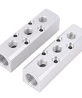 Two Three Way Five Port Aluminum Air Manifolds With One Half Inch NPT Inlet And Four One Quarter Inch NPT Outlets For Pneumatic Tools
