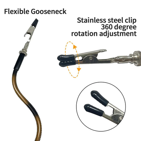 Close-up of Helping Hands Soldering Station With 2.5X Magnifier, showing flexible gooseneck arm with alligator clip attachment.