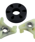 Front view: BlueStars metal core motor coupling kit for Kenmore/Whirlpool washers; black hub and two plastic forks with inserts.