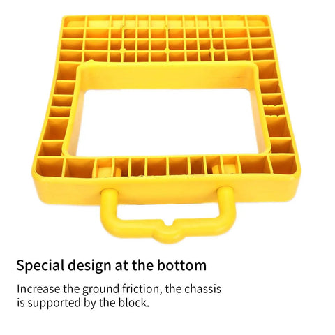 Close-up of yellow pallet jack wheel block showing special design at the bottom for increased friction. Professional Grade Solid As A Rock Heavy Duty Pallet Jack Stopper And Truck Chock Two Pack Yellow Trailer Wheel Block Antislip Base No Sweat Moving Logistics Gear For Warehouses.