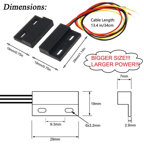 Dual NC NO Magnetic Reed Switch Proximity Sensor For 127V Systems with dimensions and cable length shown