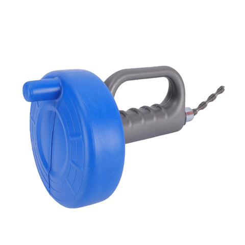 Heavy Duty 33 Foot Manual Drain Snake Featuring Flexible Spring Steel Wire That Busts Gnarly Clogs And Main Line Blockages While Gliding Smoothly Through Every Pipe Bend. Blue plastic handle and gray cable.