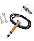 Top Shelf Right Angle Air Die Grinder Pencil Style Tool Pumping A Solid 70000 RPM Free Speed For Quick Deburring Polishing And Easy Brake Pad Cleanup Around The Shop with hose and wrenches.