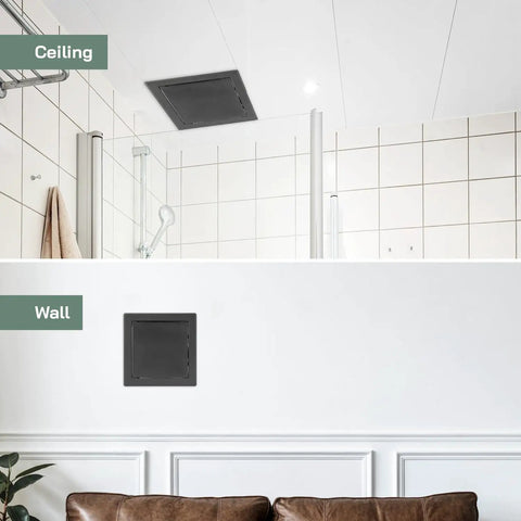 Heavy Hitter Six By Six Inch Galvanized Steel Service Door Featuring Tight Click Hinges and Stealth Anthracite Plate in ceiling and wall settings.