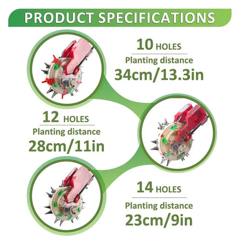 Push Garden Seeder With Dual Seed And Fertilizer Buckets Hand Powered Roller specifications with hole and planting distance options