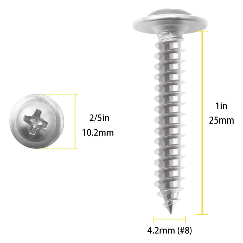 Heavy Duty 410 Stainless Steel Self Tapping Wood Screws Size 8 X 1 Inch with measurement details for precise usage.
