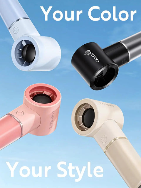 Handheld Portable Fan With 6 Speeds shown in four colors against a sky, Tiny But Mighty Mini Personal Fan, 5000mAh Rechargeable Battery.