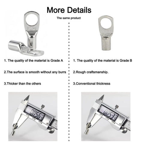 Comparison of Grade A and Grade B Heavy Duty 10 Gauge Wire Connectors with Heat Shrink Tubing and Tinned Copper Ring Terminals