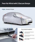 Tesla Model Y Car Cover All Weather Outdoor Protection With Waterproof UV Sun And Heat Shield, secured by windproof straps