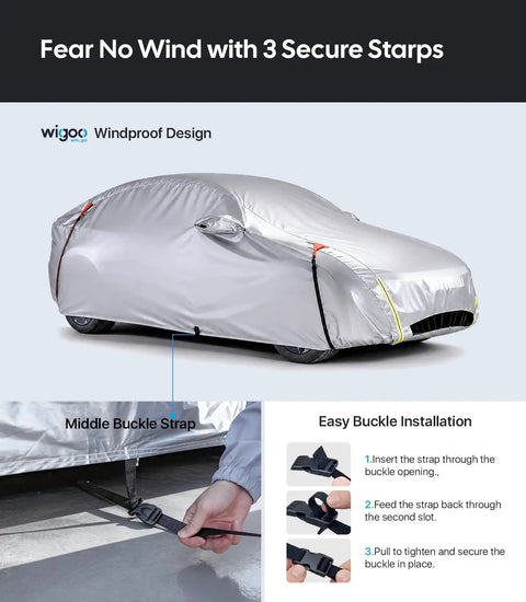 Tesla Model Y Car Cover All Weather Outdoor Protection With Waterproof UV Sun And Heat Shield, secured by windproof straps