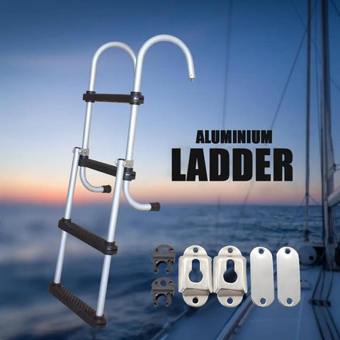 4 Step Aluminum Boat Ladder With Removable Folding Design, Beefy Heavy Duty Marine Stepladder, Durable Aluminum Build Handles Up To 500 Lbs, Easy Storage For Boats, Yachts, Pontoon, Ships, And Fresh Or Salt Water Use, shown with mounting hardware