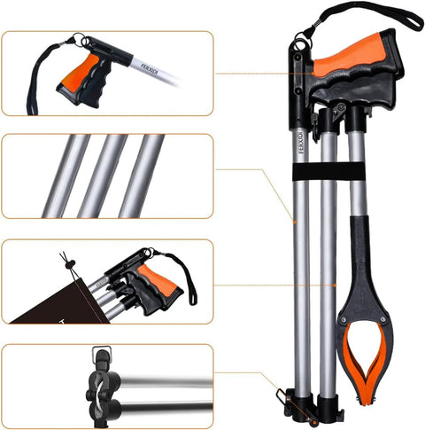 43-inch foldable grabber tool with magnets illustration showing design features, foldability, and grip details for versatile use.