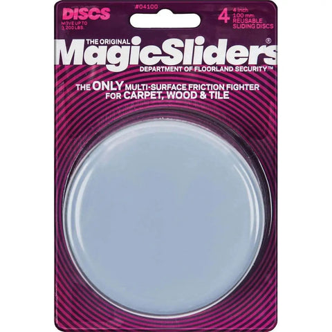 MagicSliders packaging for 4-inch reusable sliding discs for carpet, wood, and tile, labeled as multi-surface friction fighters