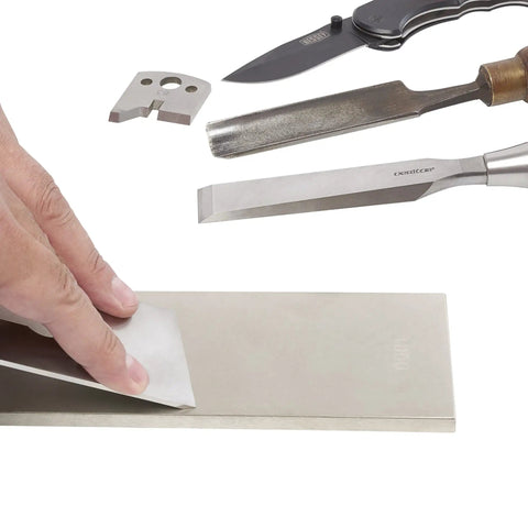 Hand using 8 Inch Diamond Sharpening And Flattening Stone Double Sided 180/600 Grit Bench Stone with tools nearby.
