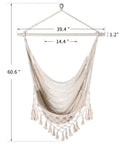 Handwoven Cotton Rope Hammock Chair With Metal Spreader Bar For Indoor And Outdoor Relaxation Boho Swing Chair With Tassels In Sandy Beach White hung against white background showing dimensions of 39.4 x 60.6 inches.