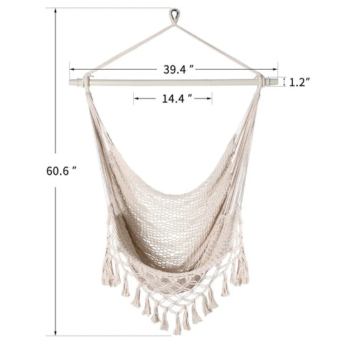 Handwoven Cotton Rope Hammock Chair With Metal Spreader Bar For Indoor And Outdoor Relaxation Boho Swing Chair With Tassels In Sandy Beach White hung against white background showing dimensions of 39.4 x 60.6 inches.