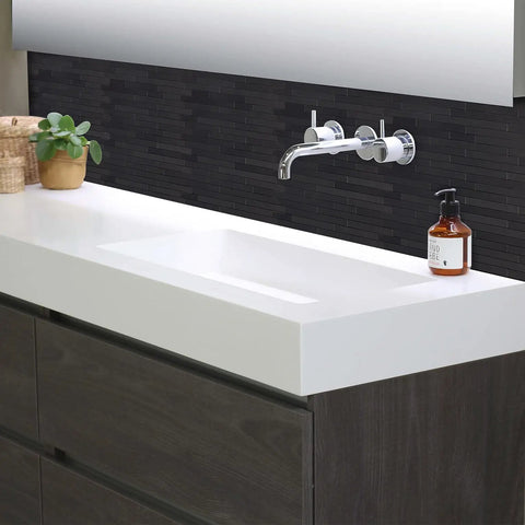 Self Adhesive Brushed Aluminum Backsplash Tiles for kitchen and fireplace shown behind modern sink, easy clean, DIY install