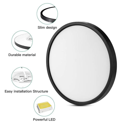 Slim 12 Inch 24W Flush Mount Round LED Ceiling Light Fixture Low Profile Daylight White Black Close To Ceiling Design For Bedrooms Living Room Kitchen Non Dimmable