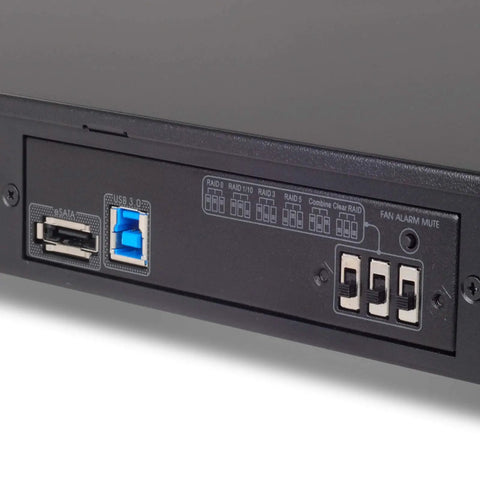 Back panel of Top Tier 4 Bay 1U Rackmount Raid Storage System With Usb 3.0 And Esata Port featuring connections and RAID settings.
