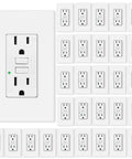 Heavy Duty 15 Amp GFCI Outlets Deliver Rock Solid Ground Fault Safety With Total Hassle Free Wiring Plus Smooth Slim Profile And Matching White Panels Ensure A Crisp Room Look Etl Certified Non Tamper Resistant Duplex Receptacle 30 Pack displayed in a grid pattern.