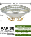 Rugged Waterproof PAR36 LED Landscape Bulb Kit 9W 900LM 3000K Warm White 12V AC DC 4 Pack For Driveways Yards Off Road RVs And Tractors Energy Efficient Long Lasting Flood Lights Outdoor Use Weather Resistant - Side view with dimensions and specifications highlighted