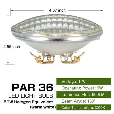 Rugged Waterproof PAR36 LED Landscape Bulb Kit 9W 900LM 3000K Warm White 12V AC DC 4 Pack For Driveways Yards Off Road RVs And Tractors Energy Efficient Long Lasting Flood Lights Outdoor Use Weather Resistant - Side view with dimensions and specifications highlighted