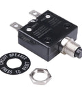 Heavy Duty Thermal Circuit Breaker 20 Amps Push Button Manual Reset Switch with circular reset label and nut.