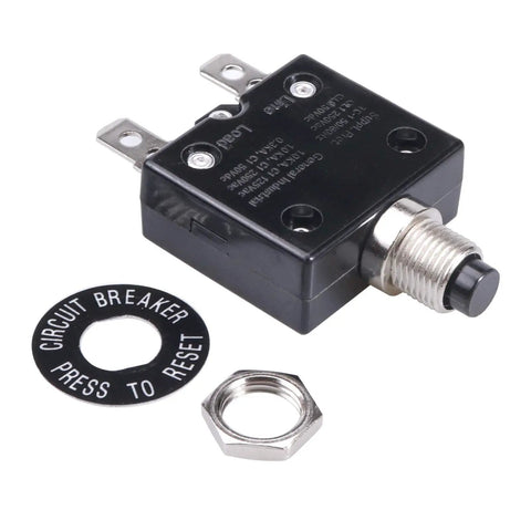 Heavy Duty Thermal Circuit Breaker 20 Amps Push Button Manual Reset Switch with circular reset label and nut.