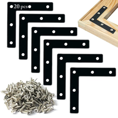 20 Pcs Flat Corner Braces Set With 100 Screws, 3 1/8 Inch L Shaped Right Angle Brackets, flat black finish displayed