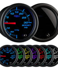 GlowShift 2-1/16 in 52 mm Turbo Boost/Vacuum Gauge Kit, front view with smoked lens and multi-color display