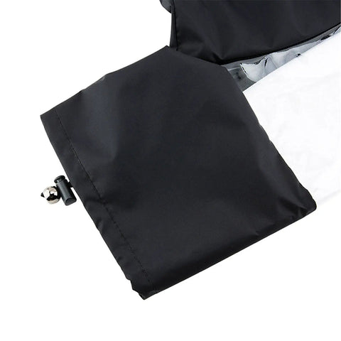 Close-up of the All Weather Pro Camera Rain Cover showing black waterproof material with secure clasp for DSLR and mirrorless cameras.