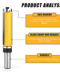 Heavy Duty Flush Trim Router Bit Featuring Dual Precision Bearings 1/2 Inch Shank 2-1/2 Inch C3 Carbide Blade with rail bearings.