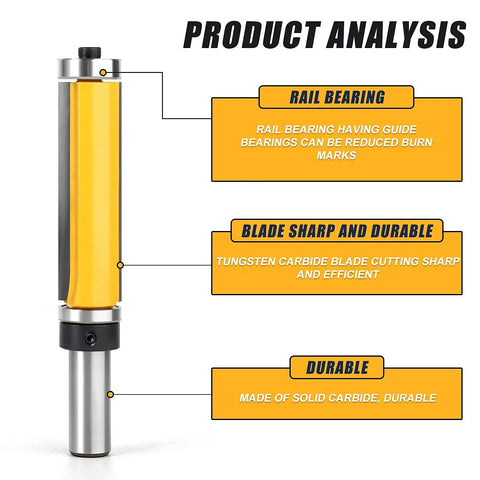 Heavy Duty Flush Trim Router Bit Featuring Dual Precision Bearings 1/2 Inch Shank 2-1/2 Inch C3 Carbide Blade with rail bearings.