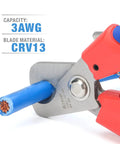 Straight Up Killer Electrician Wire Cutter cutting 3 AWG copper wire, CRV13 blades, compact grip for easy use.