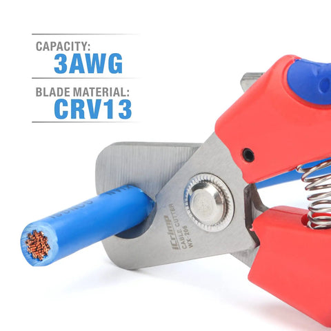 Straight Up Killer Electrician Wire Cutter cutting 3 AWG copper wire, CRV13 blades, compact grip for easy use.