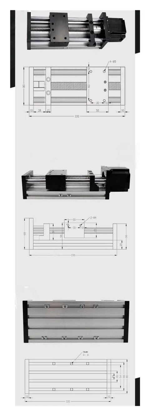 No Fuss Heavy Duty Electric Linear Rail Guide With Precision Ballscrew Slide schematic showing dimensions and assembly for lab use.