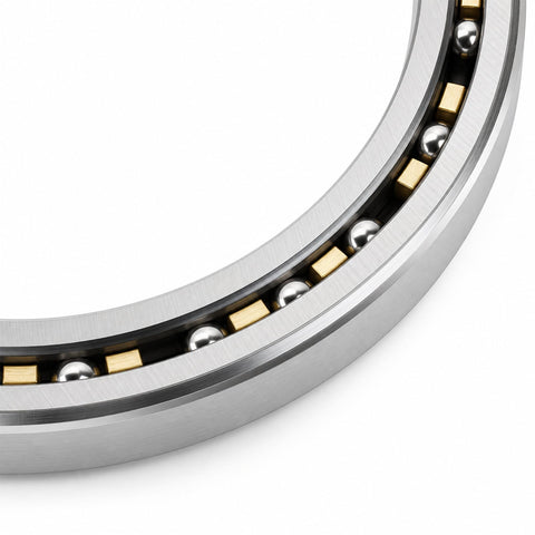 Precision Thin Section Roller Bearing 4.500 X 5.500 X 0.500 Inch for Robotics and CNC Rotary Tables, featuring silver steel and gold spacers.