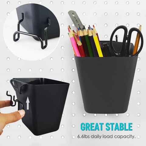 Pegboard Organizer Set 16 Pack With Bins Baskets Cups Hooks And J Hooks For One Eighth And One Quarter Inch Pegboards black holder with pencils and scissors on pegboard.