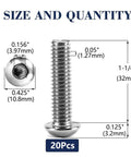 Built Tough And Rock Solid 1/4-20 X 1-1/4 Inch Button Head Socket Cap Bolts 20 Piece Set with size dimensions displayed.