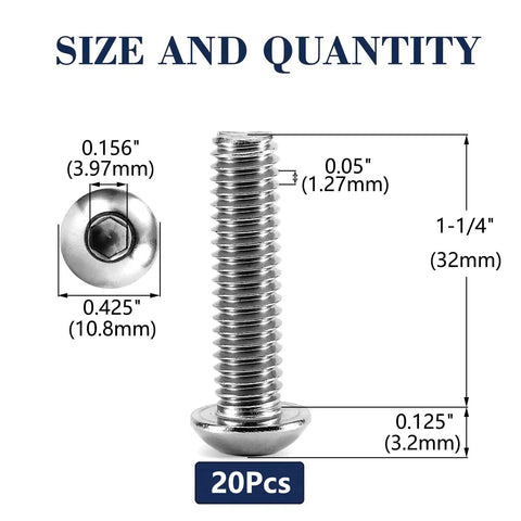 Built Tough And Rock Solid 1/4-20 X 1-1/4 Inch Button Head Socket Cap Bolts 20 Piece Set with size dimensions displayed.