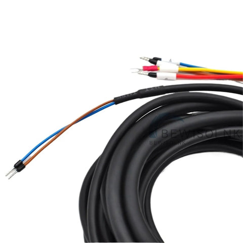 Close-up of A2 Series servo motor brake cable, 20 m standard length, black outer jacket with blue and brown conductors and pin terminals
