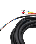 Close-up of A2 Series servo motor brake power cable; black sheath, exposed blue and brown conductors, multi-pin ends.