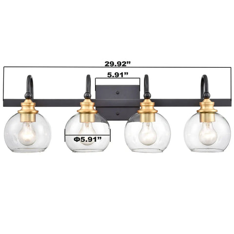 Globe Glass Shade 4 Light Wall Sconce for Bathroom Vanity Over Mirror in Matte Black with Brushed Gold Accents Gooseneck Design