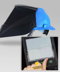 Side view of True Color Auto Darkening Welding Helmet with Large Window and inset of adjustable magnifying lens.