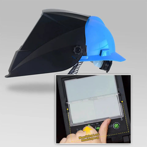 Side view of True Color Auto Darkening Welding Helmet with Large Window and inset of adjustable magnifying lens.