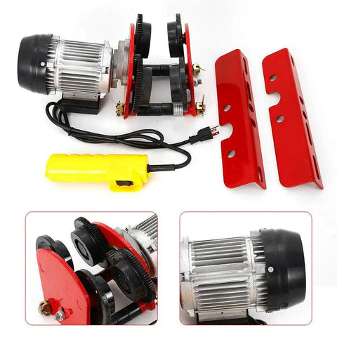 Electric Trolley Overhead Hoist with Remote, motor gear and red trolley parts displayed for 2200lb capacity lift