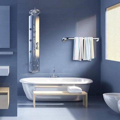 Modern bathroom with towels on Two Pack 32 Inch Shower Grab Bars Set In SUS304 Stainless Steel Rustproof Bathroom Grab Bar Handles