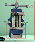80mm Jaw Width Self Centering Vise With Fixed Base Built Tough Cast Iron Body Blue Finish shown with dimensions and handle measurements